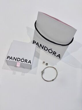 Pandora Silver Snake Chain Bracelet with Charms and Original Packaging